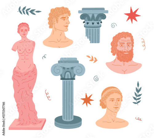 Lovely cartoon set of different Greek male and female sculpture, monument, ancient pillars. Hand drawn antique statues of gods and goddesses, architecture columns. Trendy clipart of marble statues.