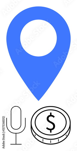 Blue location pin above a microphone and coin outline. Ideal for themes thumbs up navigation, audio technology, digital economy, finance apps, voice search, location tracking, abstract line flat