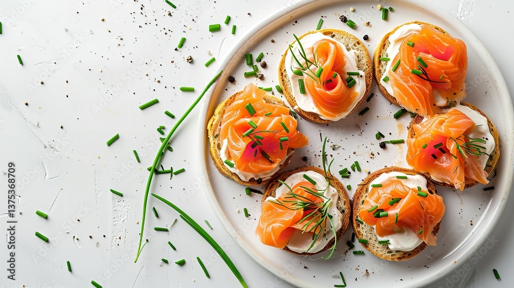 Hors d'oeuvres of salmon and crackers with sour cream and chives against a white backdrop, space, Generative AI. Hors d'oeuvres of salmon and crackers with sour cream and chives against a white backdrop, space, Generative AI.