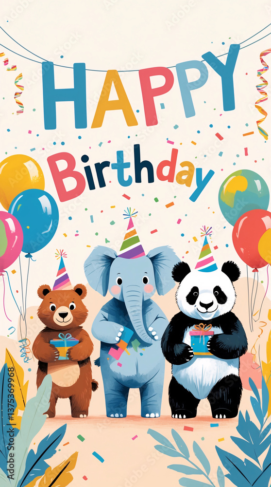 Fototapeta premium Fun and colorful animals with party hats and balloons in birthday celebration perfect for kids birthday cards joyful designs with lively decorations for childrens parties with Text