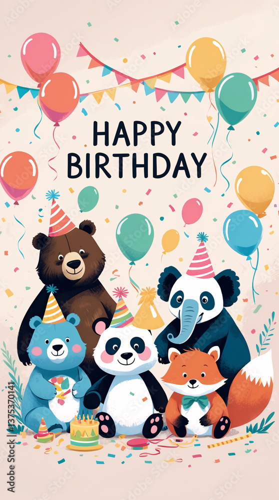 Fototapeta premium Fun and creative animals in a birthday party scene with balloons and party hats perfect for kids birthday cards cheerful birthday decorations for childrens birthday parties with Text