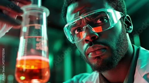 Intense Focus: A scientist, meticulously examining a fluid-filled beaker. The image is a compelling portrayal of scientific rigor, with a dramatic play of light and shadow.