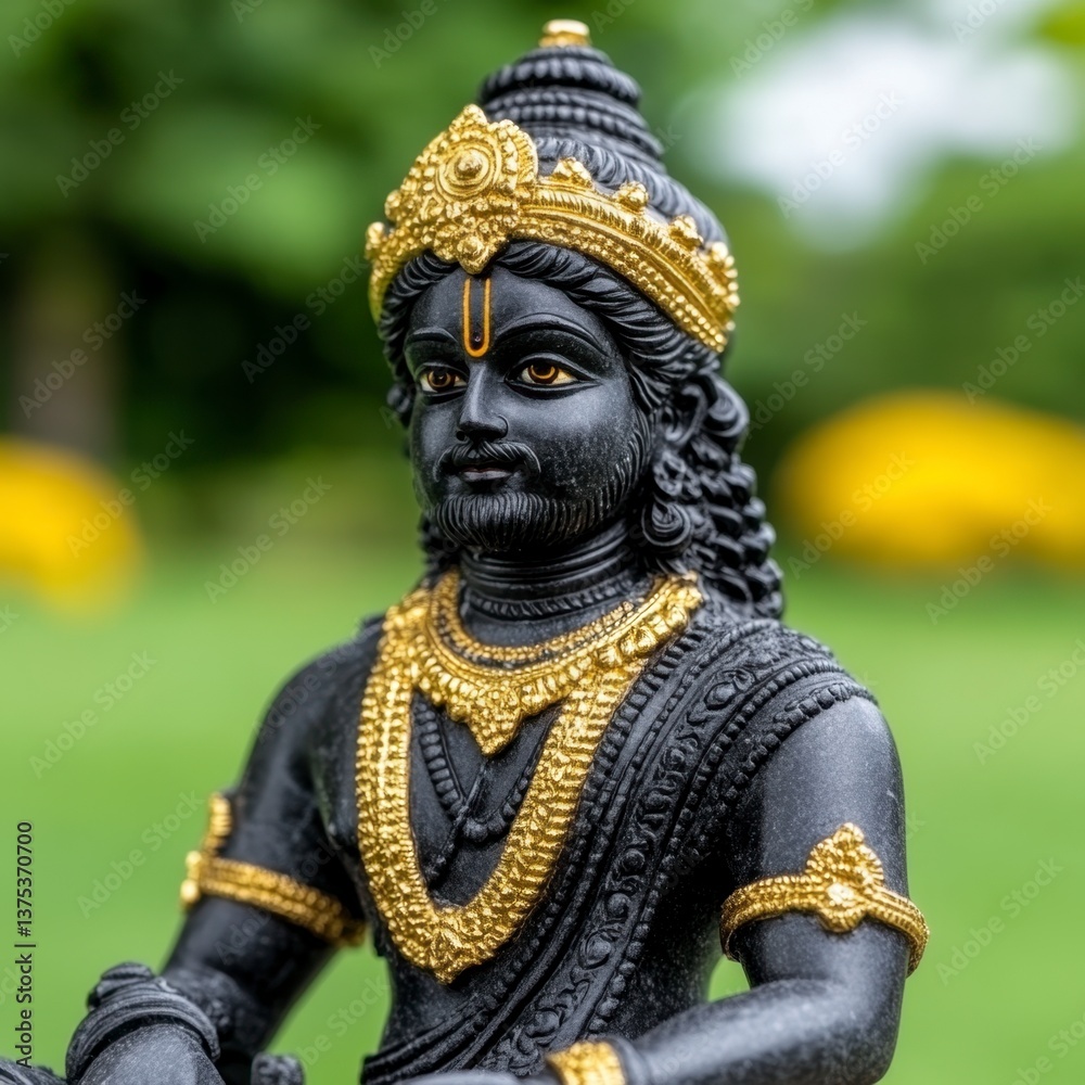 Close up of a black statue with gold accents, depicting a male figure with a crown and elaborate jewelry, set against a blurred green background. Close up of a black statue with gold accents, depicting a male figure with a crown and elaborate jewelry, set against a blurred green background.