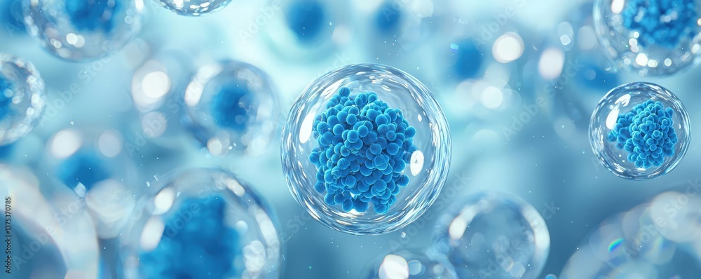 Blue exosome particles with 3D biotechnology visualization concept. Close-up of blue cells in a microscopic view. Blue exosome particles with 3D biotechnology visualization concept. Close-up of blue cells in a microscopic view.
