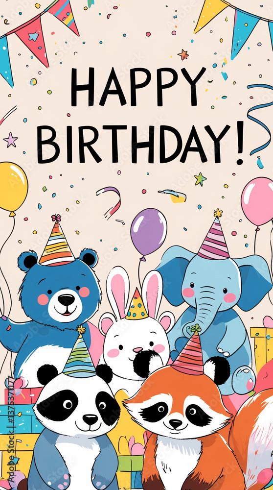 Fototapeta premium Happy birthday animals with balloons and party hats in colorful party setting cheerful illustration for kids birthday card vibrant birthday party animals for children celebrations with Text
