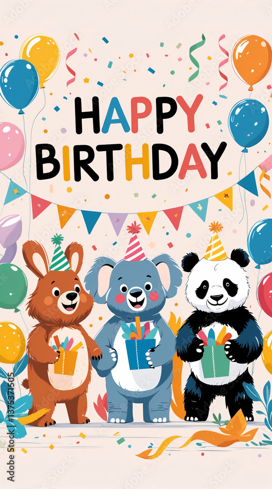 Fototapeta premium Happy birthday animals with party hats and balloons in fun cheerful celebration perfect for kids birthday card designs featuring vibrant birthday decorations for children with Text