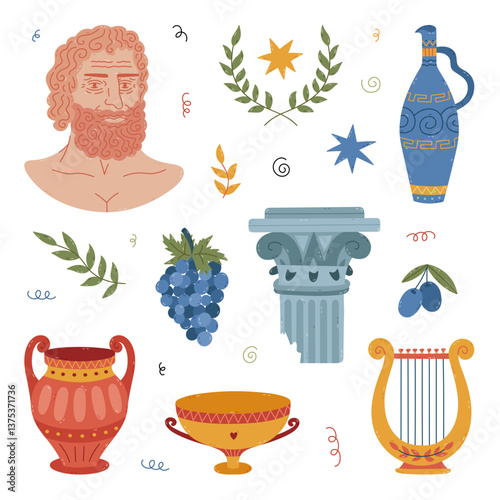 Lovely cartoon set of cultural and mythological Greece symbols, god bust, broken pillar, ornate vase, musical harp, grape. Hand drawn trendy antique Greek clipart for design, sticker, media, print.