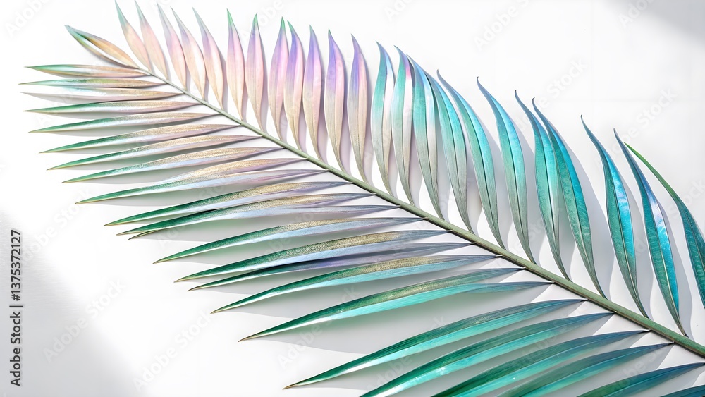 Obraz premium Futuristic Holographic Palm Leaf with an Iridescent Shine, Isolated on a White Background, embodying contemporary botanical aesthetics and futuristic design, Modern Nature-Inspired Stock Image