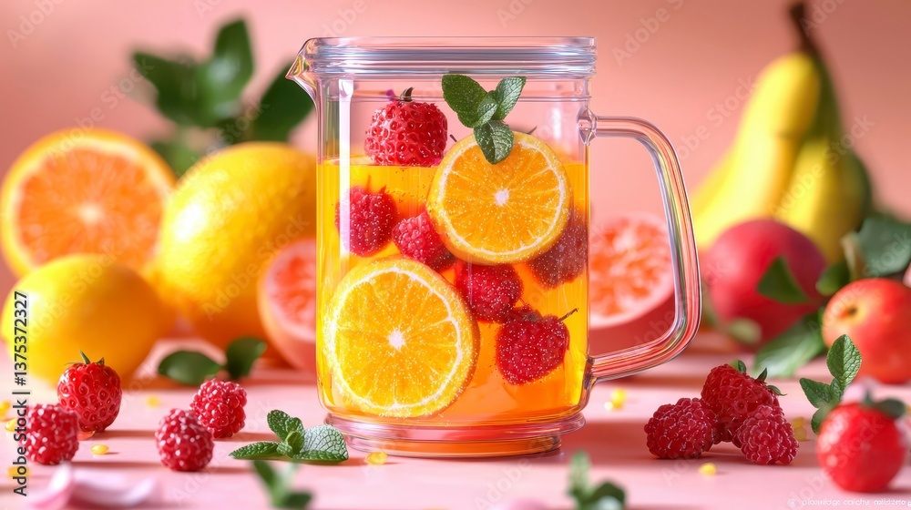 Summer fruit in blender on counter photorealistic minimalistic design. Perfect for fresh and healthy food visuals. Blended summer goodness. Summer fruit in blender on counter photorealistic minimalistic design. Perfect for fresh and healthy food visuals. Blended summer goodness.