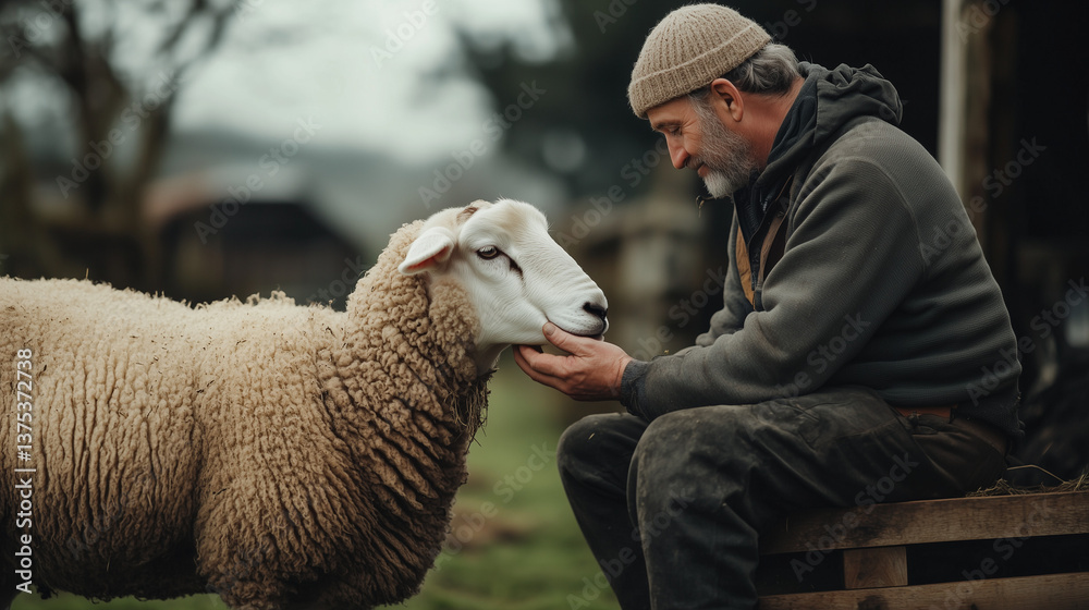 Elderly farmer gently touching sheep, showing care and connection. Ideal for agriculture, sustainability, and rural life themes. Elderly farmer gently touching sheep, showing care and connection. Ideal for agriculture, sustainability, and rural life themes.
