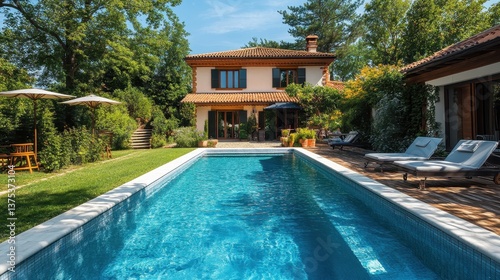 Wallpaper Mural Charming suburban house with pool in lush green garden setting Torontodigital.ca