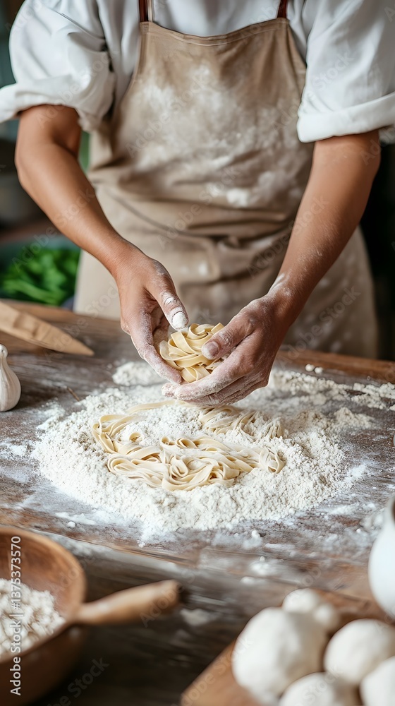 The making of homemade pasta in a rustic kitchen setting The making of homemade pasta in a rustic kitchen setting