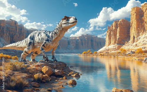 Fototapeta Naklejka Na Ścianę i Meble -  Deinonychus Dinosaur by Tranquil River in Prehistoric Landscape