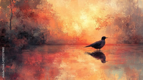 Solitary bird in vibrant sunset forest reflections