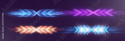 Futuristic glowing neon arrows with motion blur effect in different colors on dark background.
