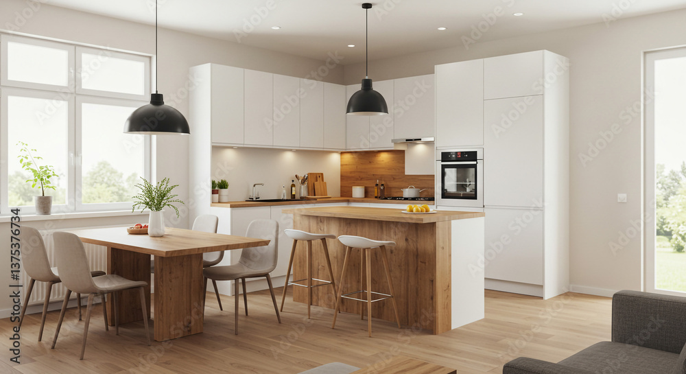 Fototapeta premium A bright, airy kitchen designed for modern living, featuring a rustic wooden island and sleek white cabinetry under warm, natural light.