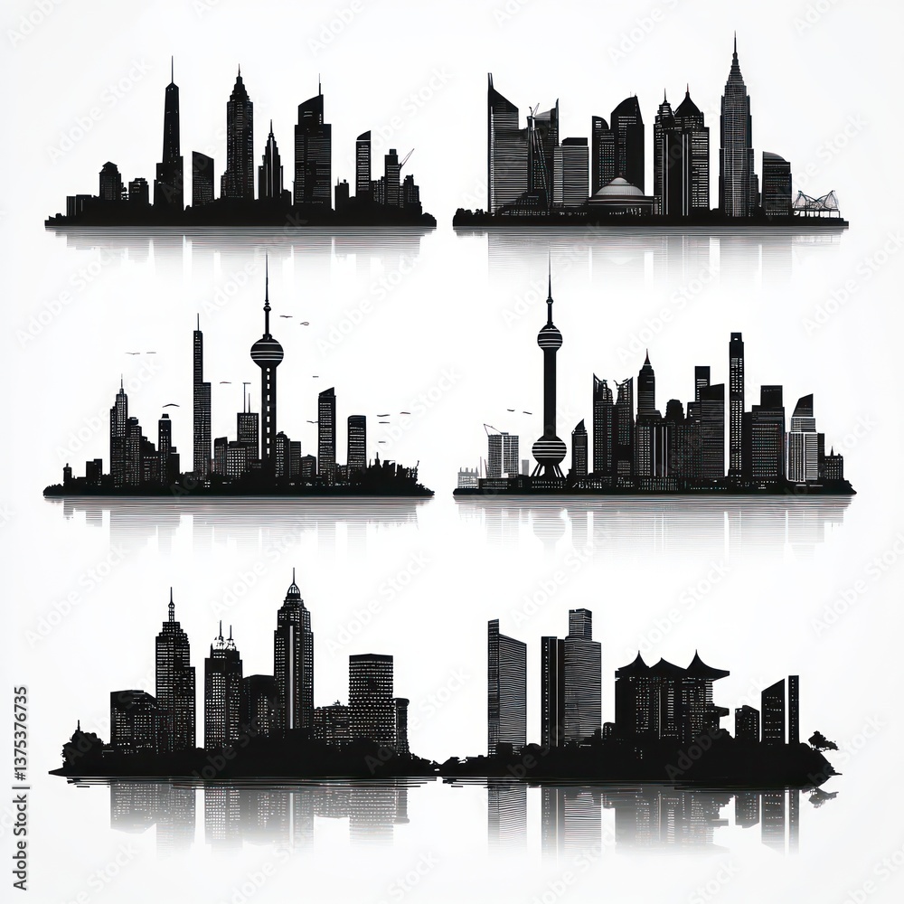 Obraz premium Asian Cities Skyline Black and White Illustrations Minimalist Design