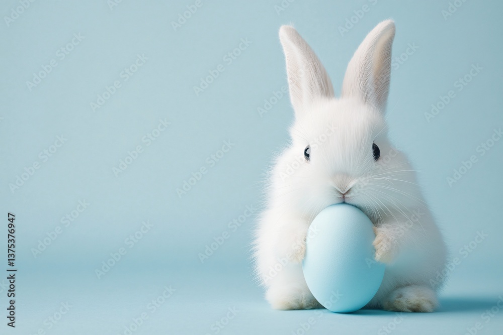 Fototapeta premium A fluffy white Easter bunny gently cradles a pale blue egg against a serene pastel background.