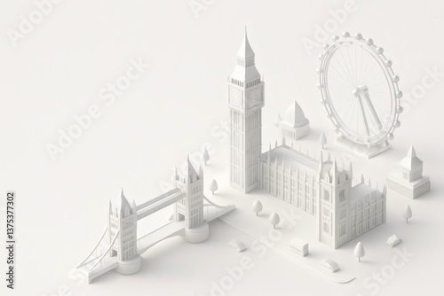 Minimalist white paper model of London landmarks