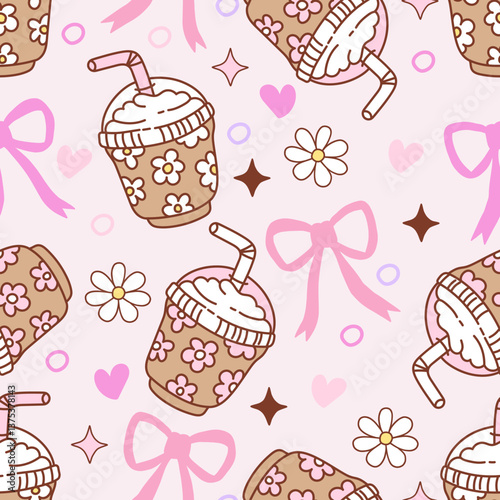 Cute Spring Iced Coffee Seamless Pattern Isolated on Pink Background Vector