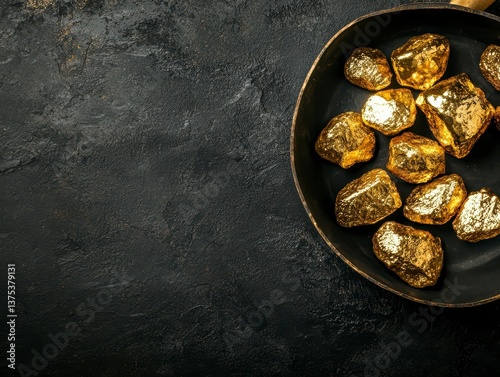 Natural gold nuggets on a rough industrial surface with a pan symbolizing the raw beauty and potential value found in gold mining and treasure hunting. Golden wealth rough surface.