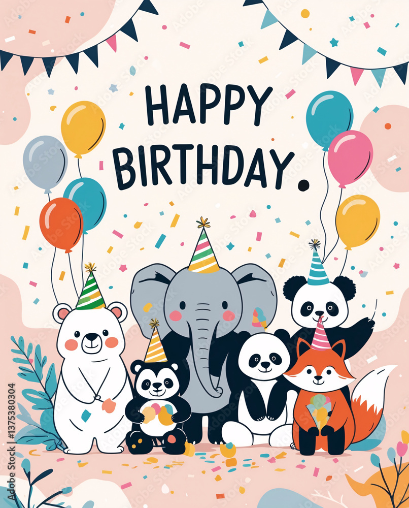 Fototapeta premium Colorful animals in birthday celebration with balloons and party hats ideal for childrens birthday card designs joyful party decorations and festive birthday party themes for kids with Text