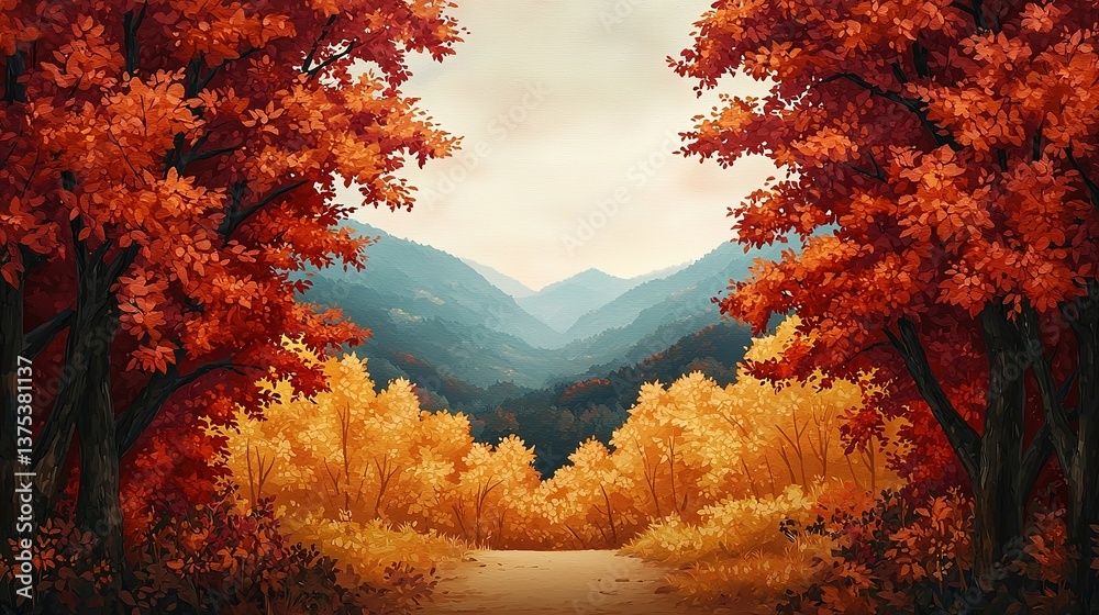 Fototapeta premium Serene autumn trail through a colorful valley nature landscape tranquil environment scenic viewpoint