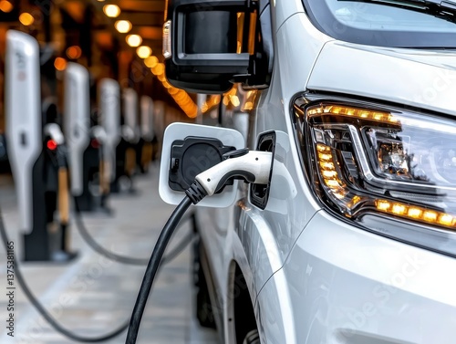 Fleet of white electric vans charging at a station focus on sustainable logistics and clean energy modern transportation solution. Clean vehicles power future transport.
