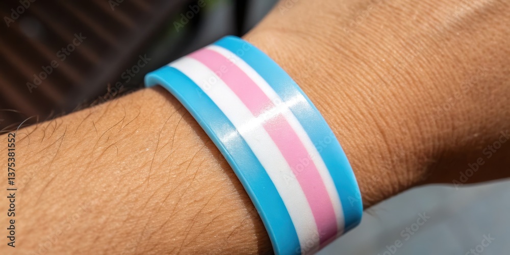 Transgender pride wristband featuring blue, pink, and white stripes, symbolizing support and identity.