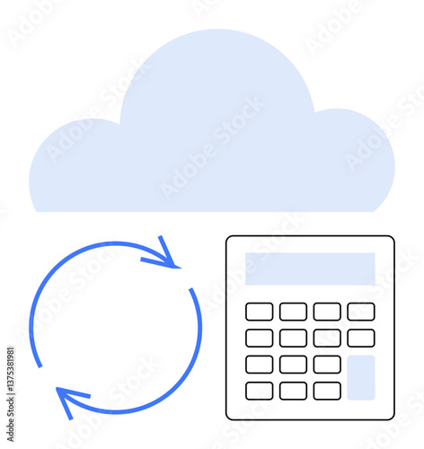 Cloud above calculator with rotating arrows symbolizing data sync and storage. Ideal for cloud computing, financial management, analytics, data transfer, tech services, innovation, flat simple