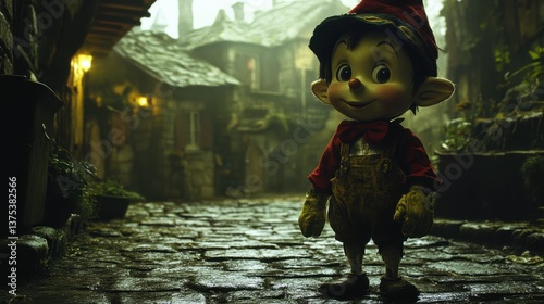 Whimsical animated character in fantasy village setting with cobbled streets