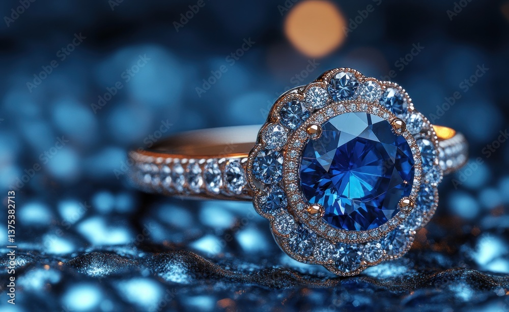 Close-up of luxurious sapphire ring with diamonds on blue glitter background glamorous jewelry gift for special occasions Close-up of luxurious sapphire ring with diamonds on blue glitter background glamorous jewelry gift for special occasions