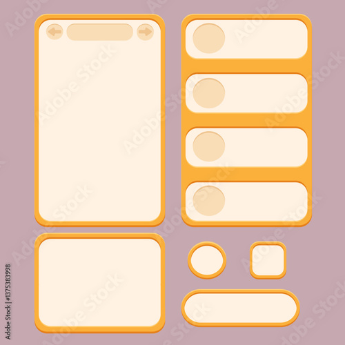 Vector game interface. Set of panels with gold frame for mobile games, twitch overlay. Menu, list and round square panels with rounded edges. GUI elements. 