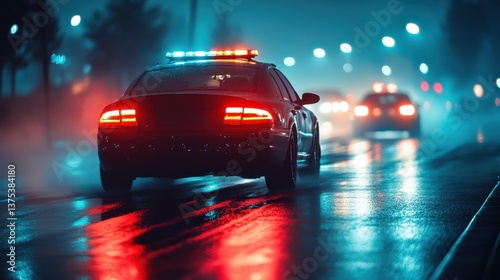 Police car patrolling rainy night city street with blurred lights