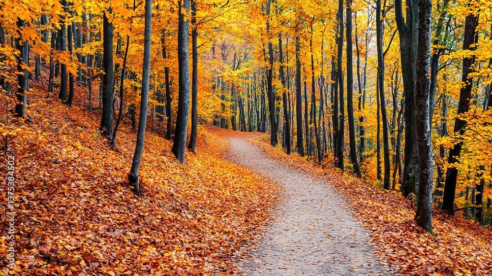 Obraz premium Exploring a scenic autumn forest pathway nature reserve landscape photography tranquil environment wide-angle view