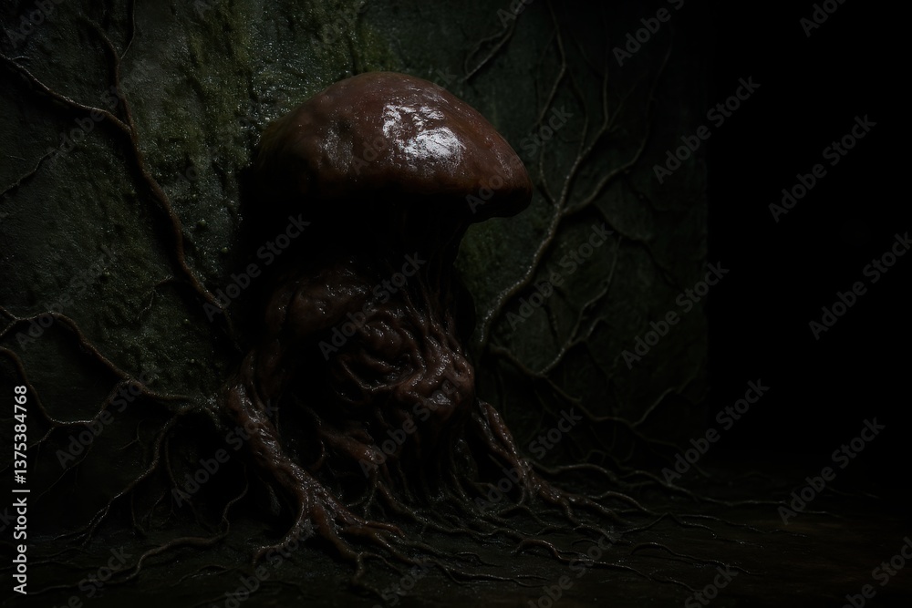 Dark mushroom creature with twisted roots emerging from moss wall in shadowy corner
Dark mushroom creature with twisted roots emerging from moss wall in shadowy corner