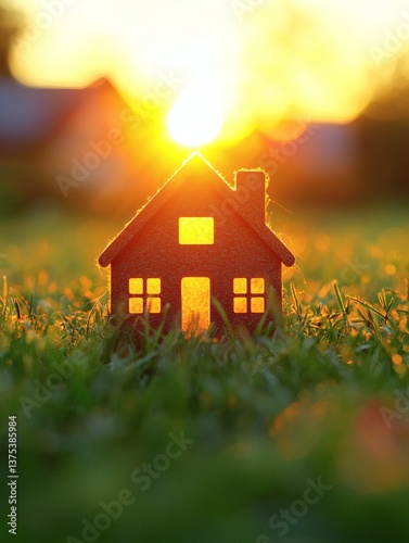 A house completely off the grid glowing softly from renewable energy sources independence from fossil fuels concept Stock Photo with side copy space photo