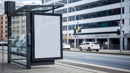 Blank Advertising Billboard at Bus Stop in Urban Cityscape – Mockup