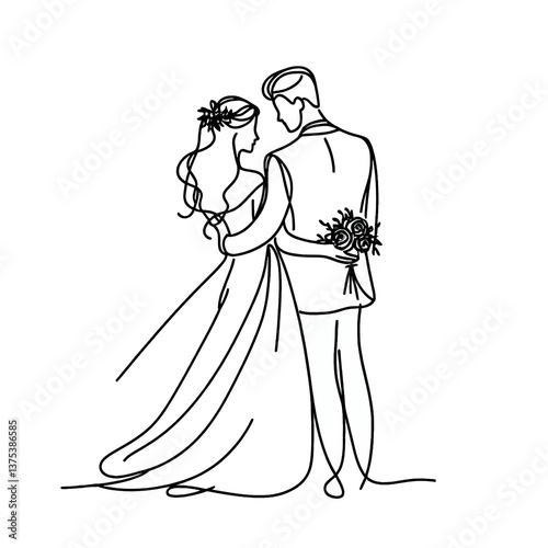 silhouette of bride and groom one line drawing illustration , transparent background PNG image
