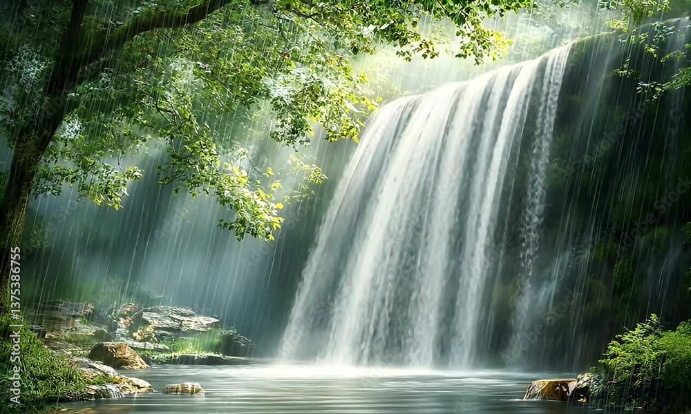 Waterfall cascading into a pool, surrounded by lush greenery under the rain