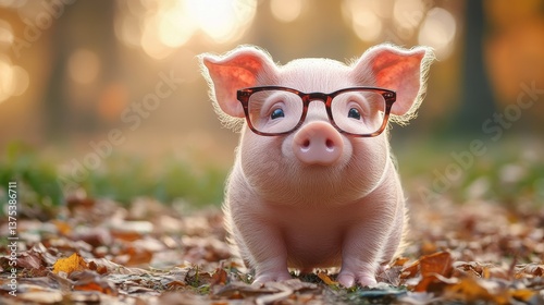 Cute piglet wearing glasses in autumn forest with colorful leaves