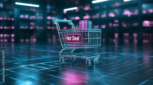 A digitally rendered shopping cart with a glowing Hot Deal sign and a gift box set against a vibrant futuristic grid backdrop in shades of blue and purple