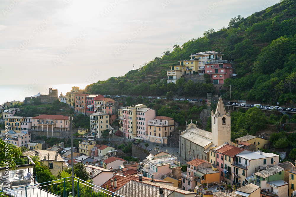 Fototapeta premium Riomaggiore’s Charm: Colorful Homes and Vineyard-Covered Hills