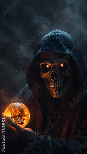 A dark reaper mage cloaked in mist holds a glowing orange skull, its fiery aura illuminating his serious expression.