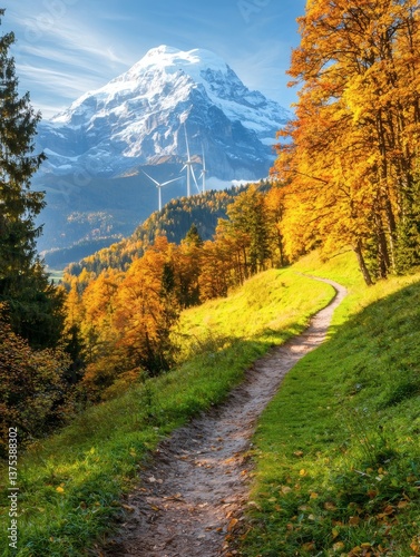 Mountain landscapes with their peaks transforming into wind turbine blades surreal nature meets technology concept Stock Photo with side copy space