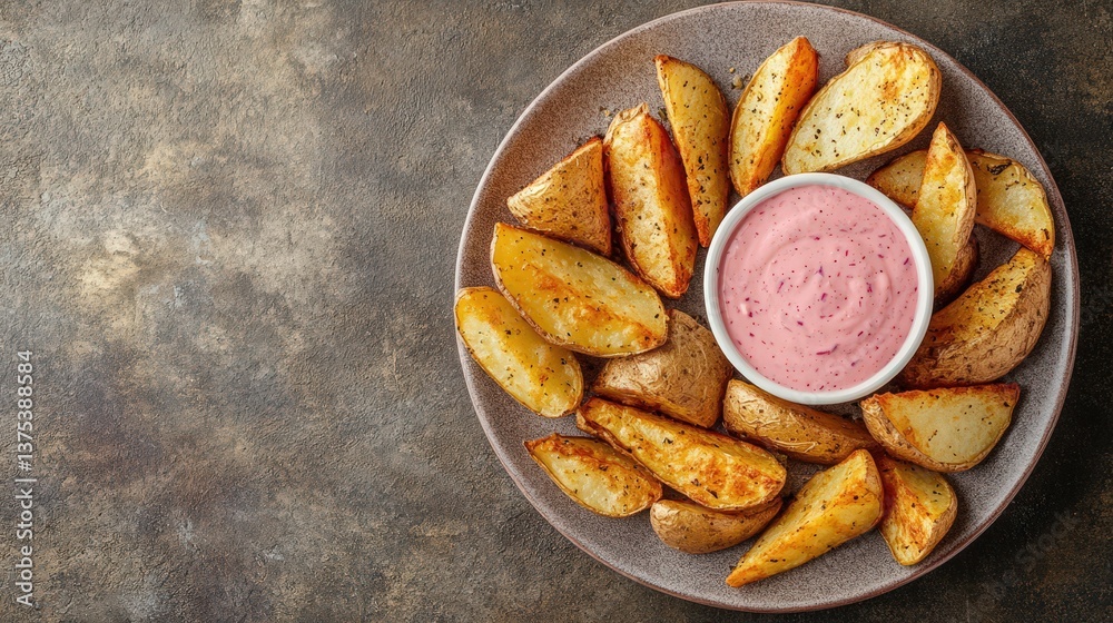 Delicious Potato Wedges Arranged With A Complementary Pink Dipping Sauce