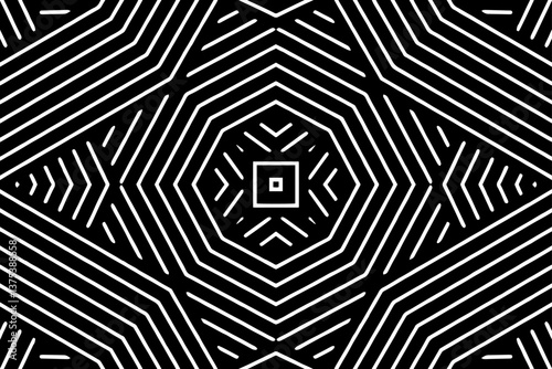 Geometric fashionable white pattern of lines on a black background isolated. The template is suitable for laser cutting of metal, wood carving, coloring. Stencil for carving, paper, stained glass.
