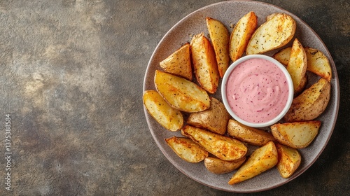 Obraz na płótnie Delicious Potato Wedges Arranged With A Complementary Pink Dipping Sauce w salonie