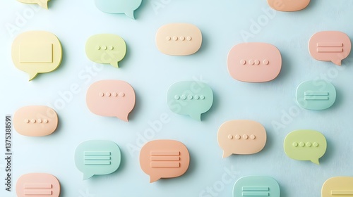 Soft pastel colored speech bubbles in various shades of peach blue green and pink layered in a simple modern design on a subtle light blue background