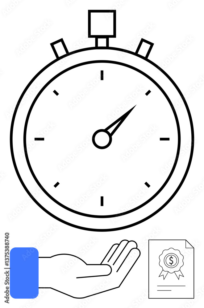 Stopwatch indicating precision timing, an open hand symbolizing giving or receiving, and a document with a financial award. Ideal for time management, productivity, finance, rewards, deadlines Stopwatch indicating precision timing, an open hand symbolizing giving or receiving, and a document with a financial award. Ideal for time management, productivity, finance, rewards, deadlines